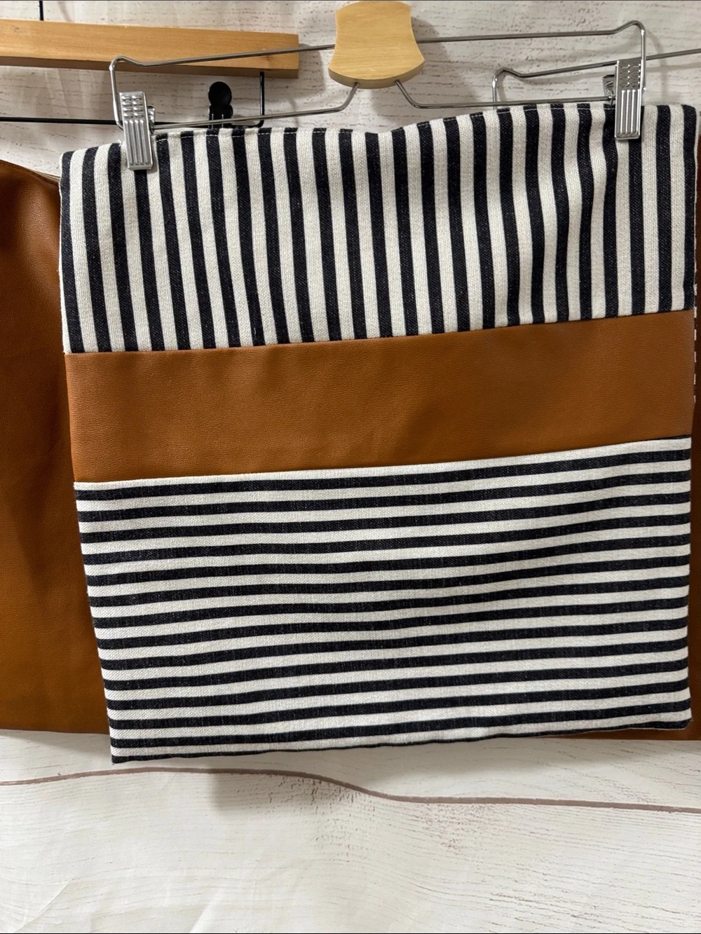 Bundle 3-Striped Black & White + Cognac Faux Leather pillowcase covers 20